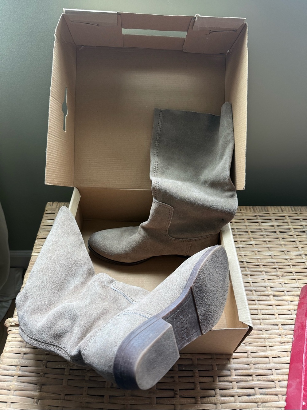 Nine West Taupe Suede Slouchy Mid-Calf Heeled Boots